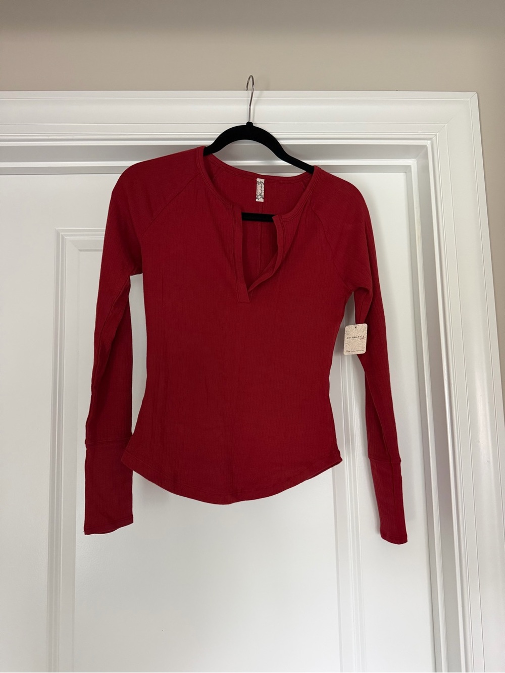 Free People Ribbed Red Long-Sleeve V-Notch Women's Top